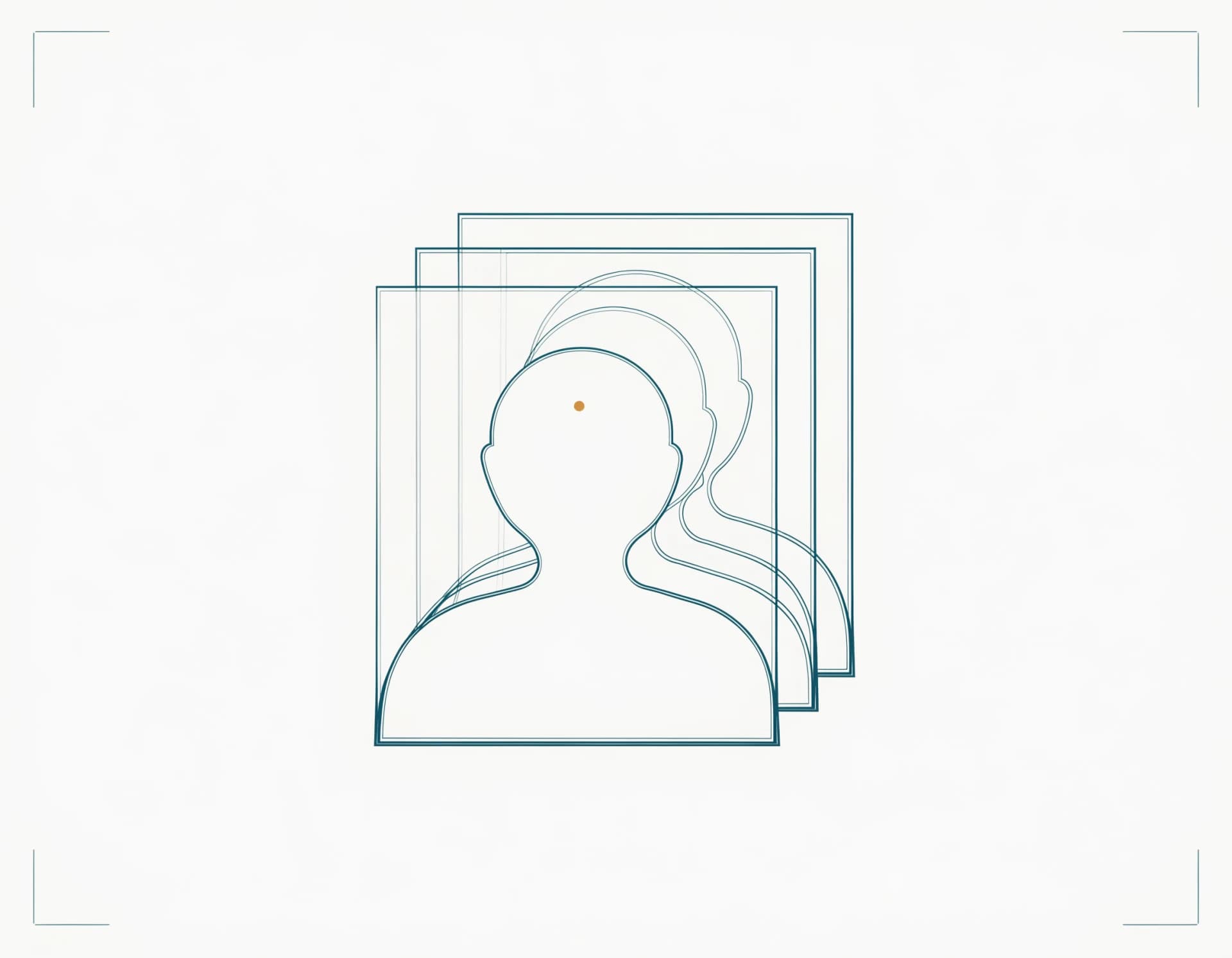 Four overlapping photographic prints of the same portrait, each fainter toward the back — one photo of one person reappearing in several places.