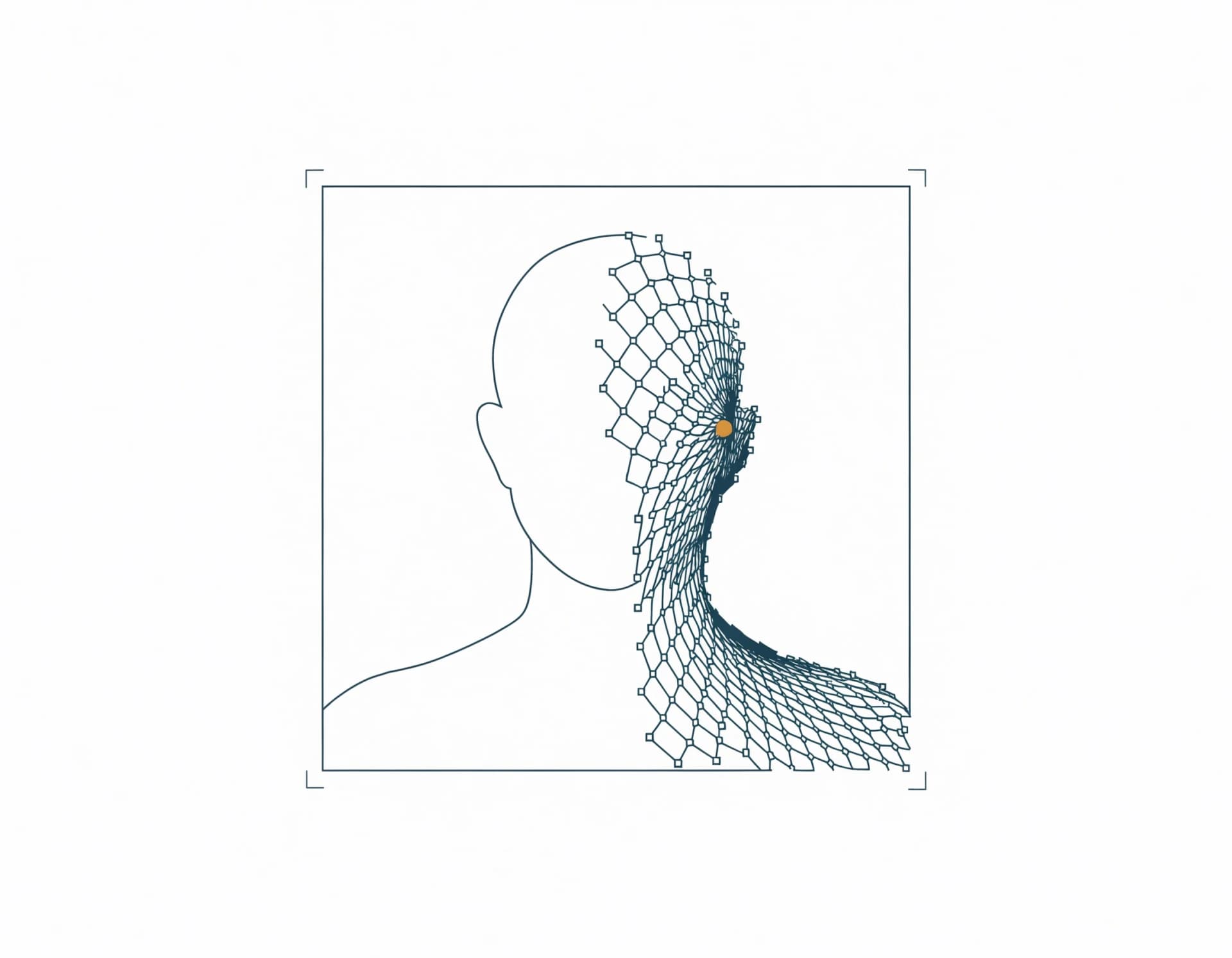 A photographic print of a portrait whose right side dissolves into a fine synthetic lattice mesh — a signal of AI-generated patterns.