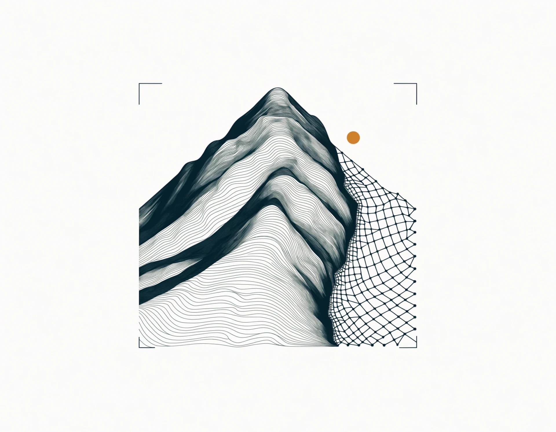 A contour-line drawing of a landscape whose right side dissolves into a fine synthetic lattice mesh — a signal of AI-generated patterns.