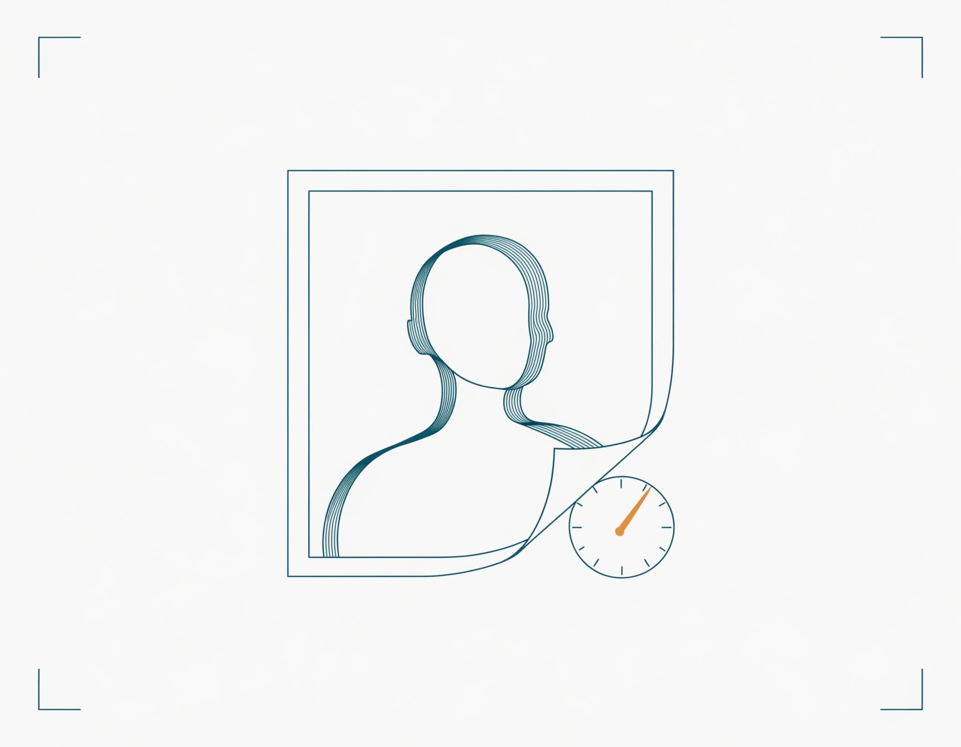 A photographic print of a portrait with a curled, aged corner beside a small clock dial — a signal that a photo is older than it claims.
